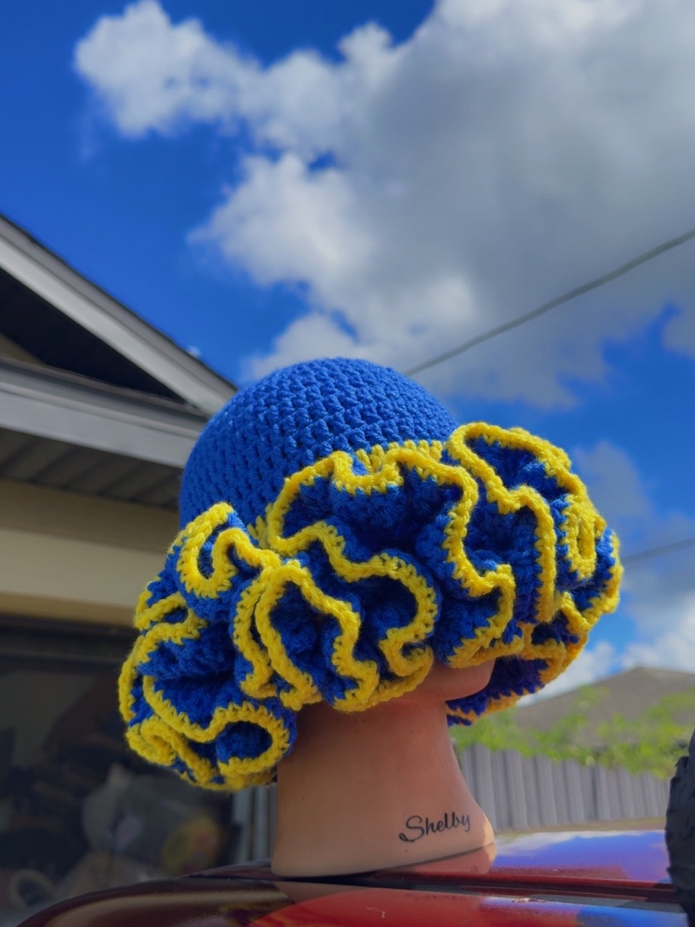 Handmade Blue Crochet Ruffle Hat with Yellow Trim